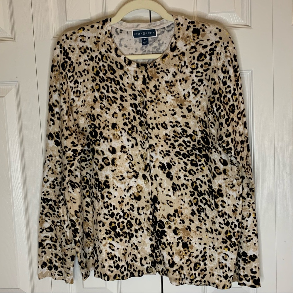 Karen Scott Long Sleeve Leopard Print Button up Cardigan Size XL
